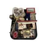 A tray containing assorted costume jewellery, perfume and dressing table bottles, a chainmail purse,