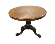 A Victorian burr walnut circular pedestal table,
