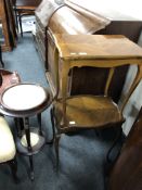 Two walnut occasional tables together with a two tier plant stand