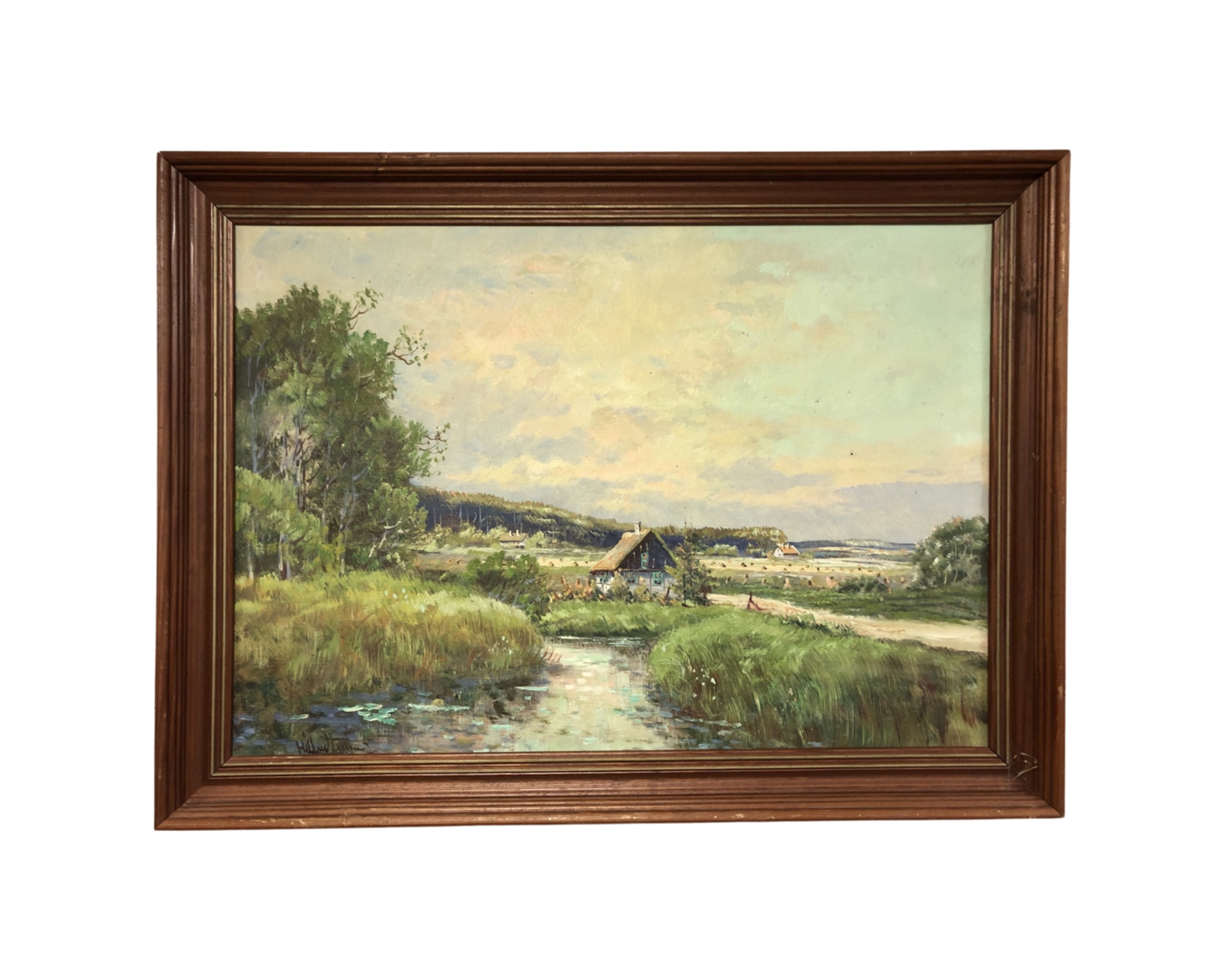 Continental school : Cottage in a swamp, oil-on-canvas, in frame, indistinctly signed, 45cm by 65cm.