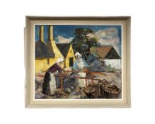Continental school : Abstract women by house, oil-on-canvas, in frame and mount,