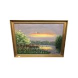 Continental school : Duck in flight over a lake, oil-on-canvas, in gilt frame, initialed P. J.