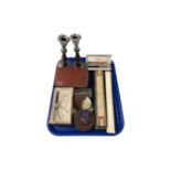 A tray containing vintage hair clippers and Gillette razor, slide rule, boxed Parker pen,