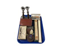 A tray containing vintage hair clippers and Gillette razor, slide rule, boxed Parker pen,