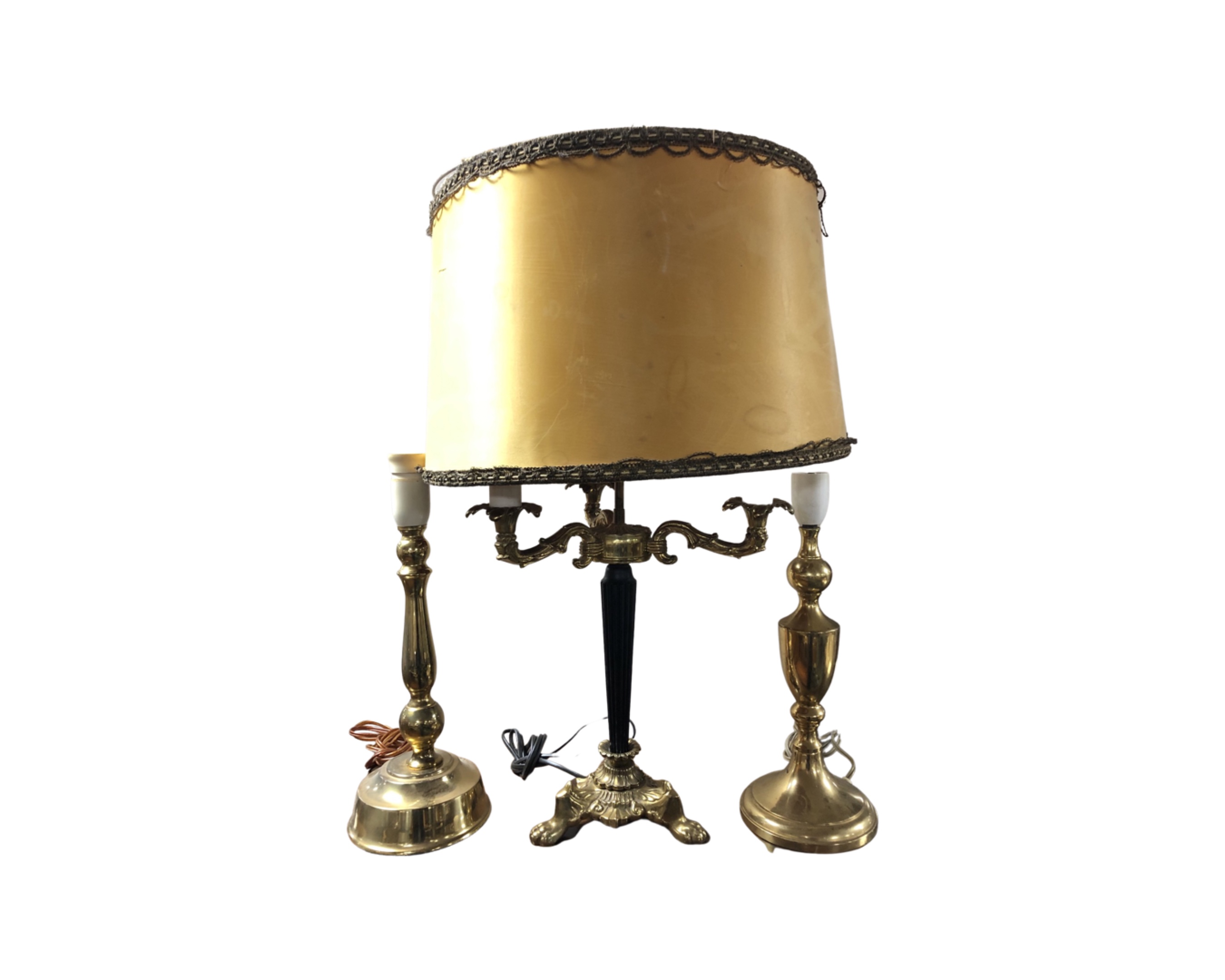 An early 20th century gilt metal three way table lamp with shade together with two further table