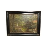 Continental school : Woman by a forest stream, oil-on-canvas, in frame, indistinctly signed,