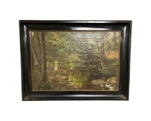 Continental school : Woman by a forest stream, oil-on-canvas, in frame, indistinctly signed,