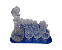 A tray of crystal and glass including two decanters, one with sherry decanter label.