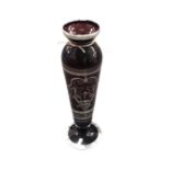 A Twentieth Century ruby glass tapered vase, with decorative silvered overlay, on circular base,