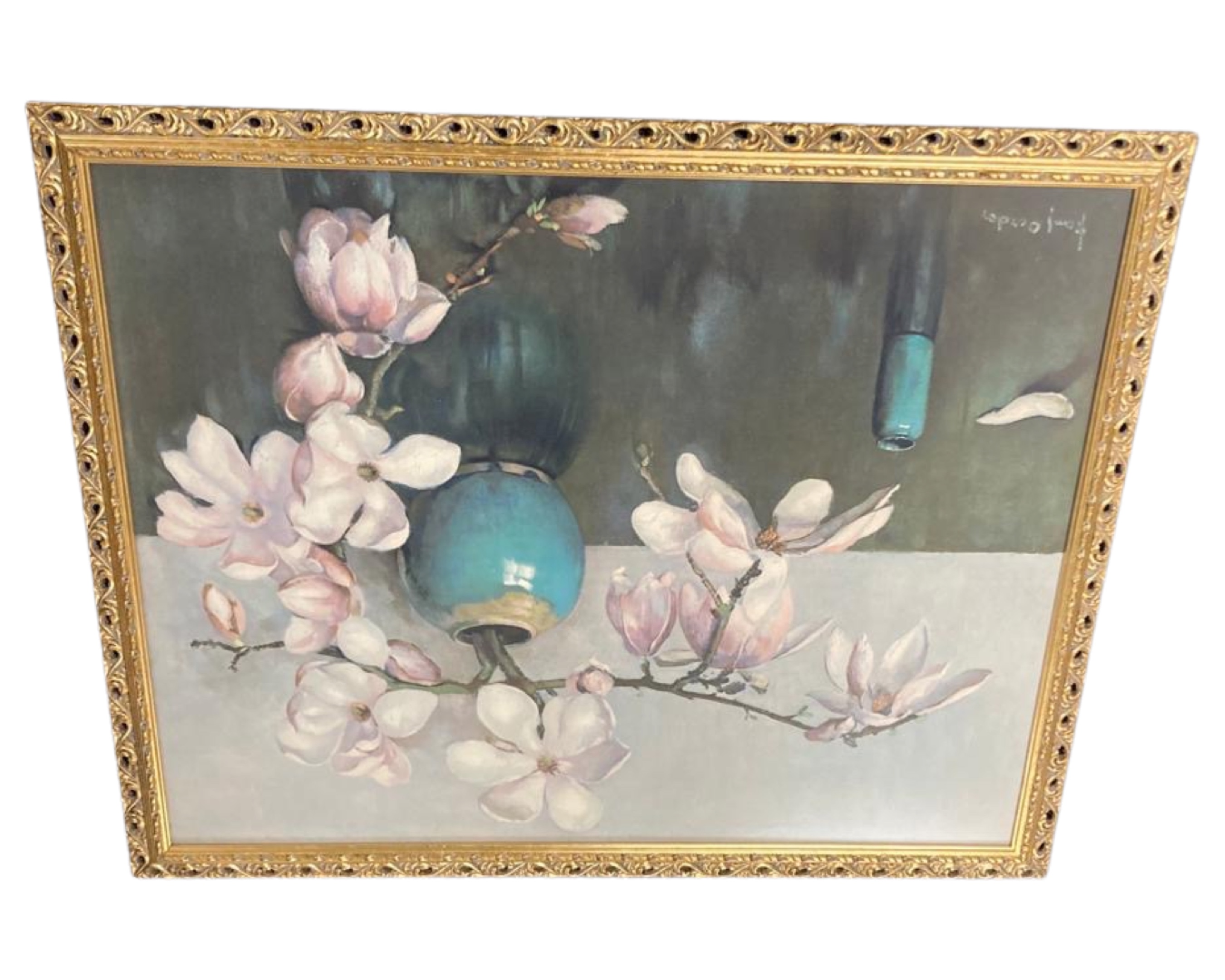 A colour print depicting a blossom in a vase, in gilt frame.