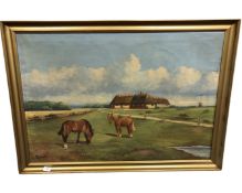 Continental school : Two horses in a field, oil on canvas, 97cm by 67cm.