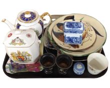 A tray containing china, pottery, Ringtons teapot, coronation commemorative caddy.