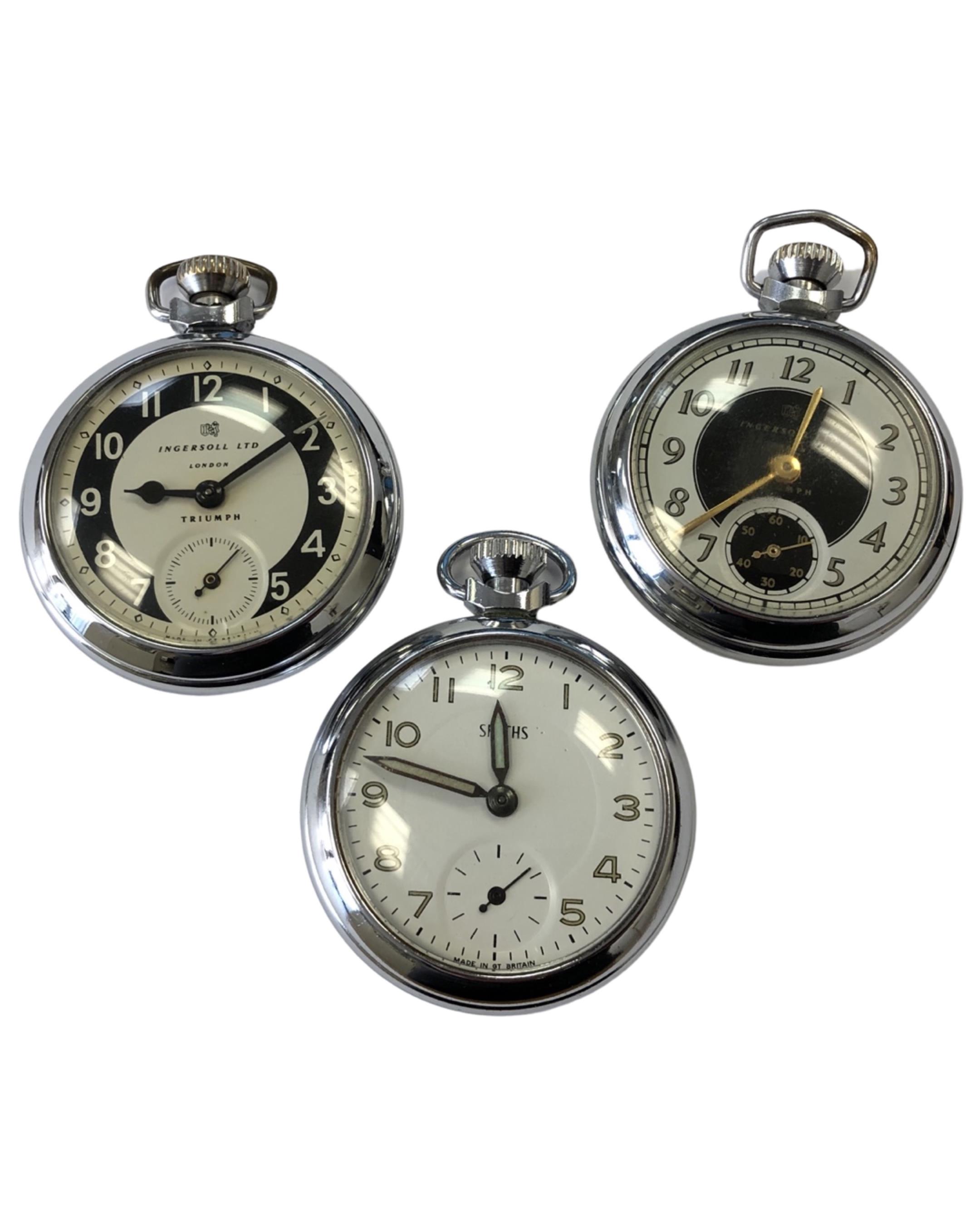 Two Ingersoll pocket watches and a Smiths watch.