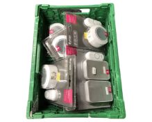 A crate containing four Byron portable wireless doorbell kits together with a twin pack wireless