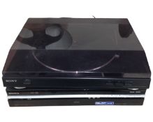 A Sony stereo turntable together with a Sony DVD recorder with remote.