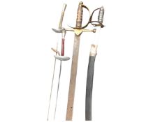 Two vintage fencing foils together with an Indian sword and a reproduction broadsword.