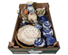 A box of blue and white china ginger jars, plates and ornaments.