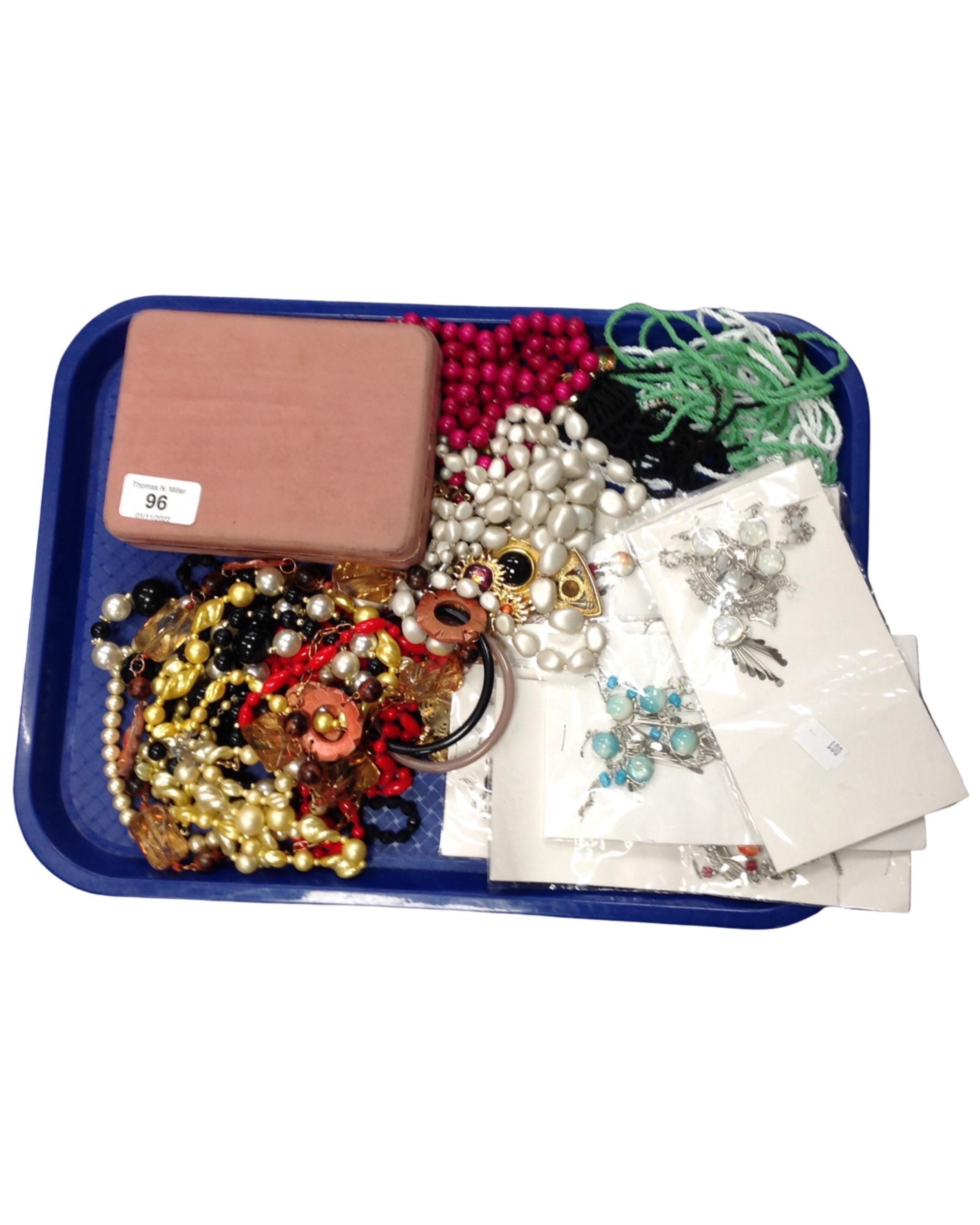 A quantity of miscellaneous costume jewellery - straps of beads, earrings, badges, bracelets,