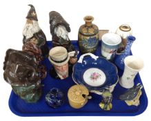 A tray of ornaments, satsuma vase, Lancastrian pottery vase, Belleek vase, Beswick birds etc.