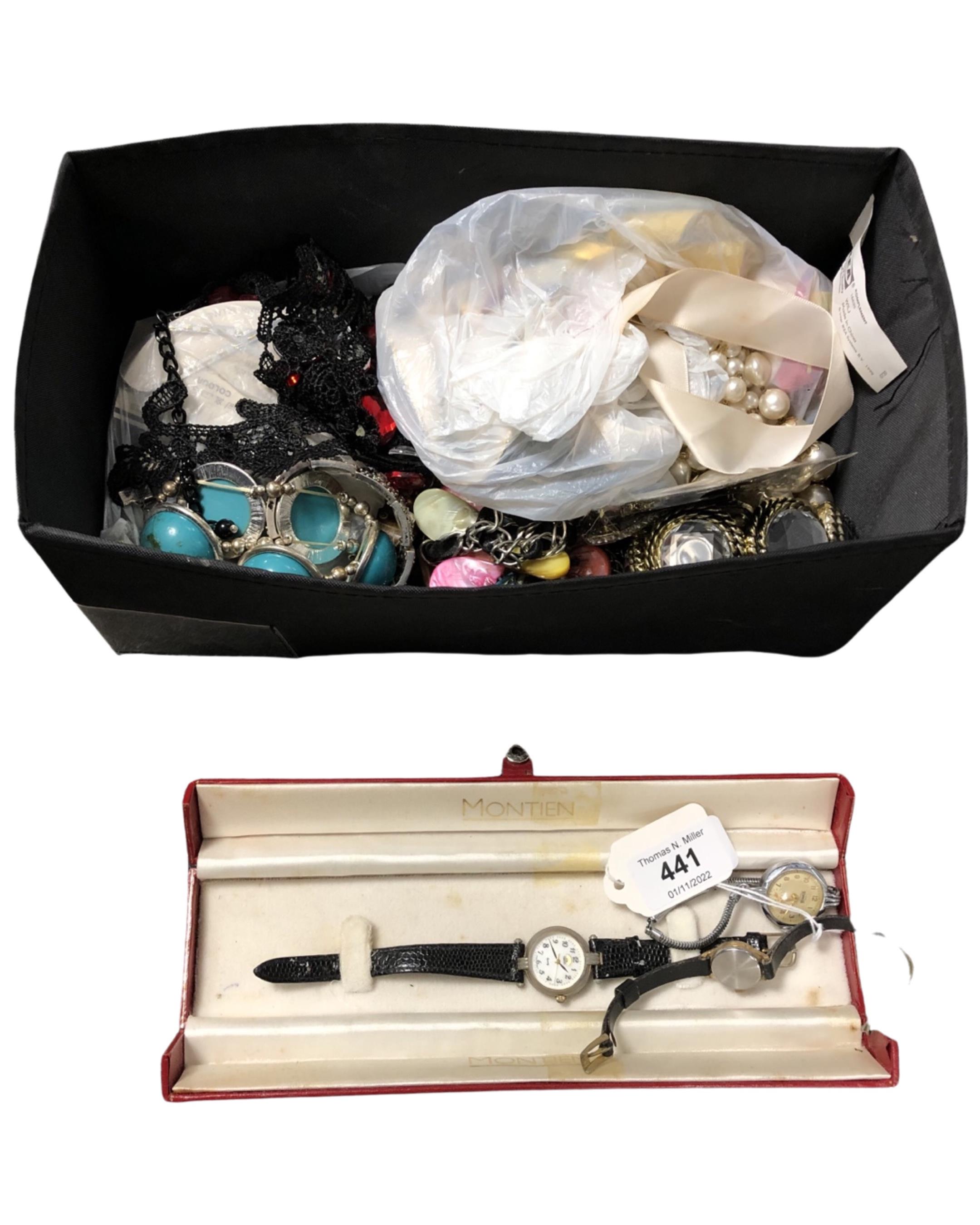 A box of costume jewellery, lady's watches etc.