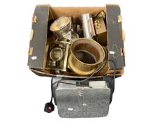 A box of brass and metalware together with an electric heater.