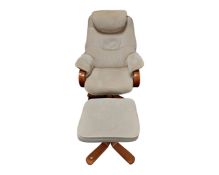 A relaxer chair with footstool in oatmeal fabric