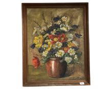 Continental School : Still life with flowers and vase, oil on canvas, 52cm by 67cm.