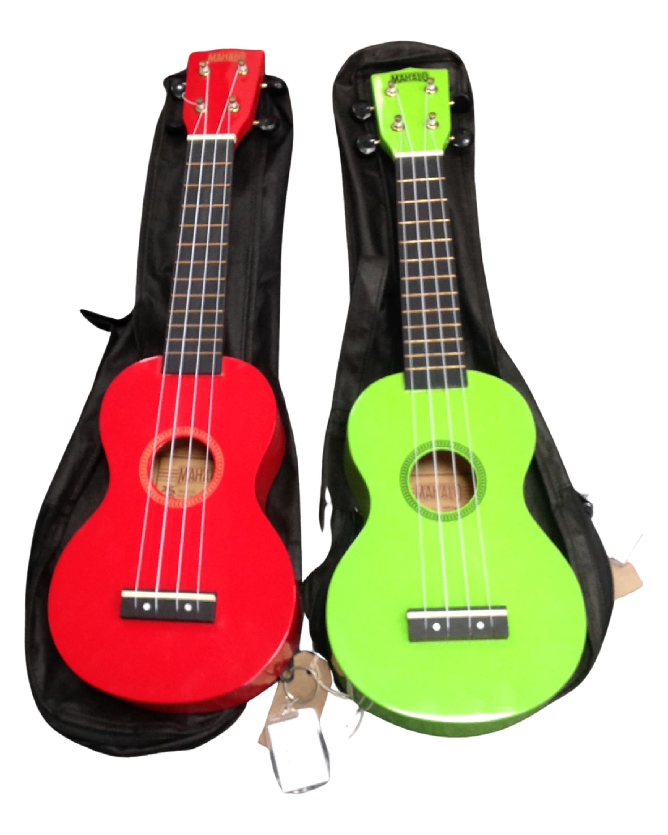 Two modern four-string ukuleles, one green and one red, both in black carry cases.