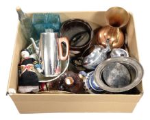 A box containing silver plated items including bowls together with ceramics, glass and a copper jug.