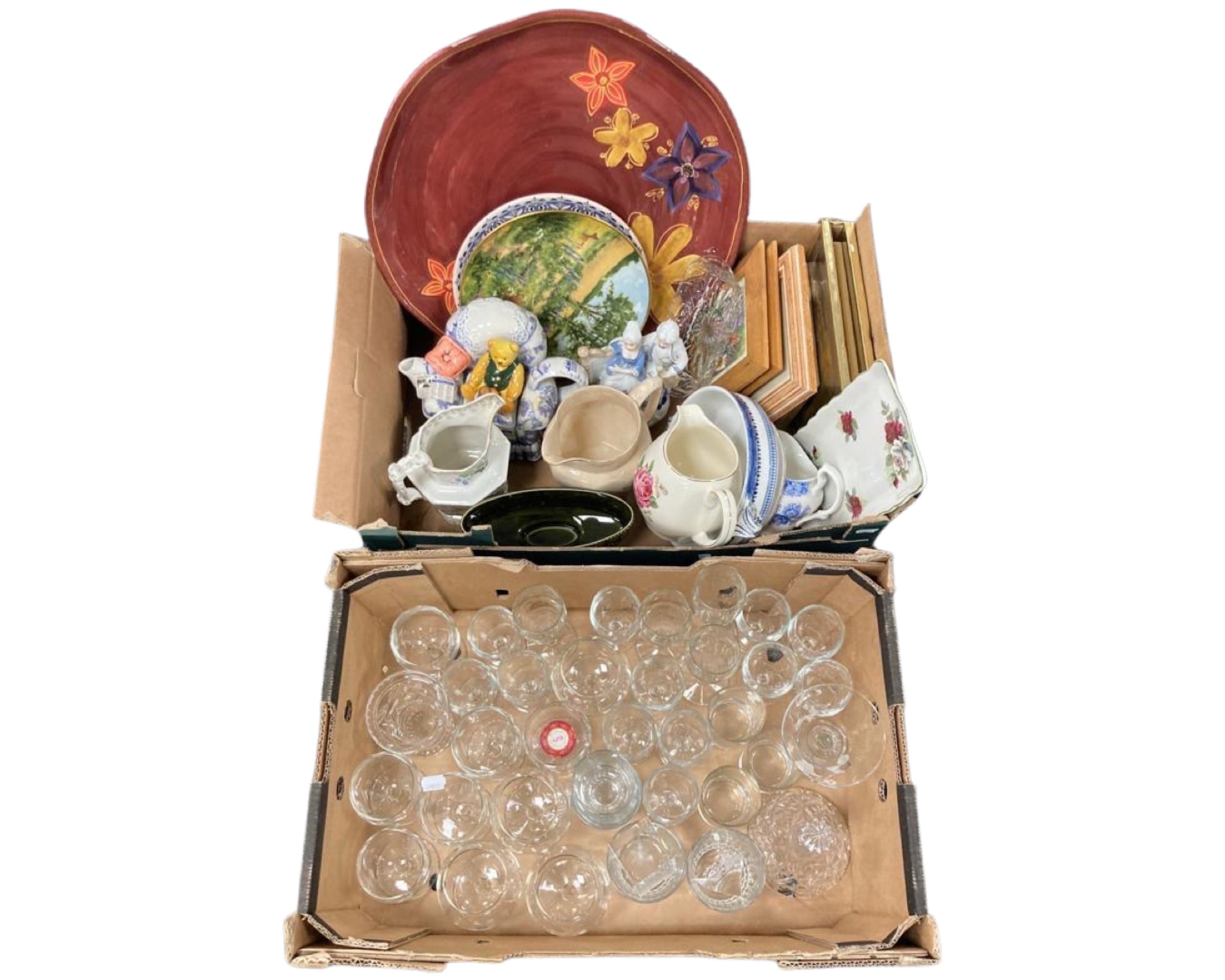 A box of glass together with a box of ornaments including Ringtons Teatime limited edition teapot