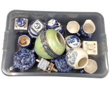 A box containing Ringtons china caddies, a Newhall vase etc.