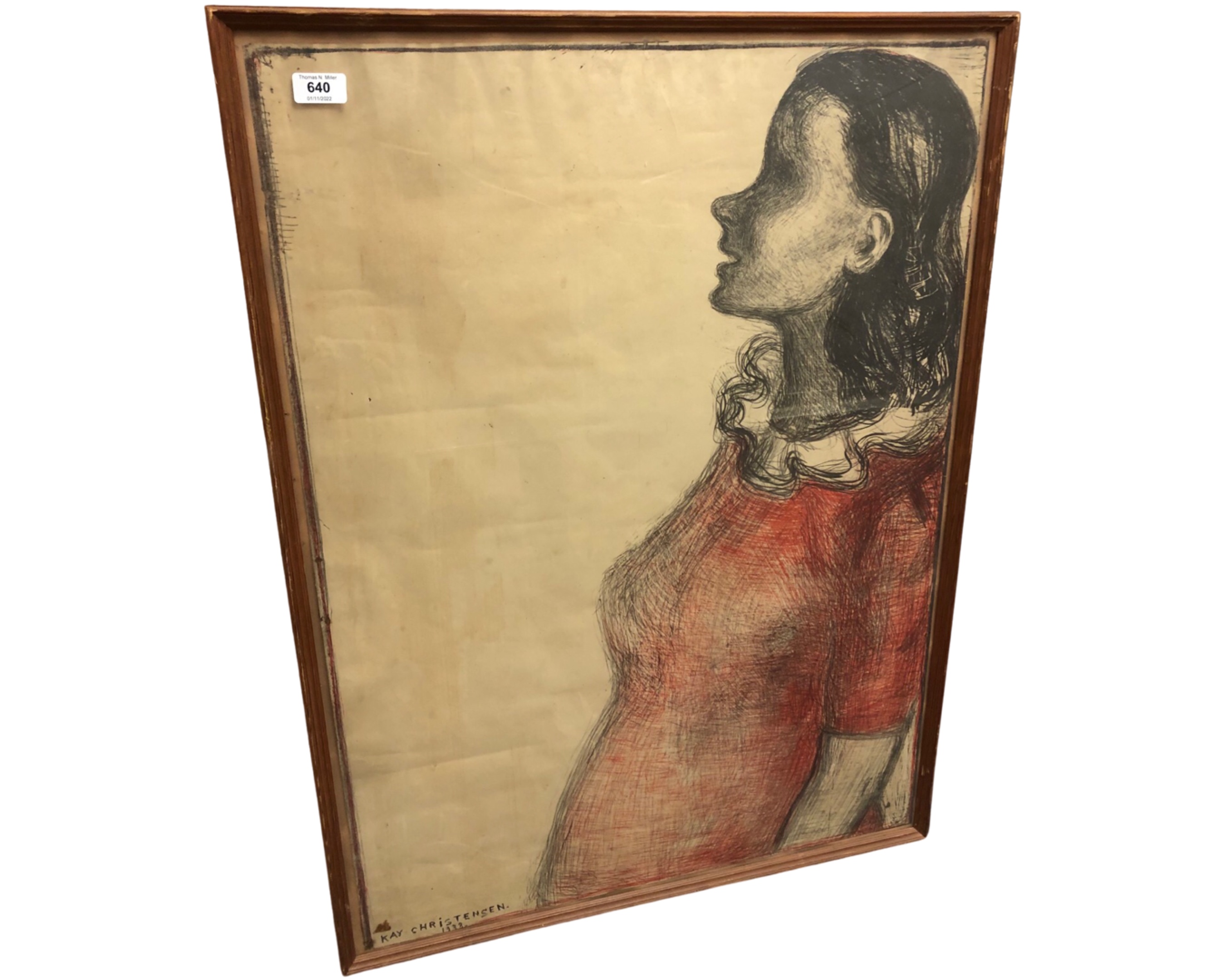 K. Christensen : Portrait of a lady in a red dress, crayon drawing, 63cm by 86cm.