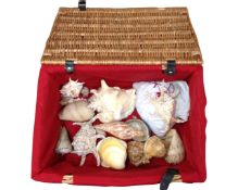 A wicker basket containing sea shells.