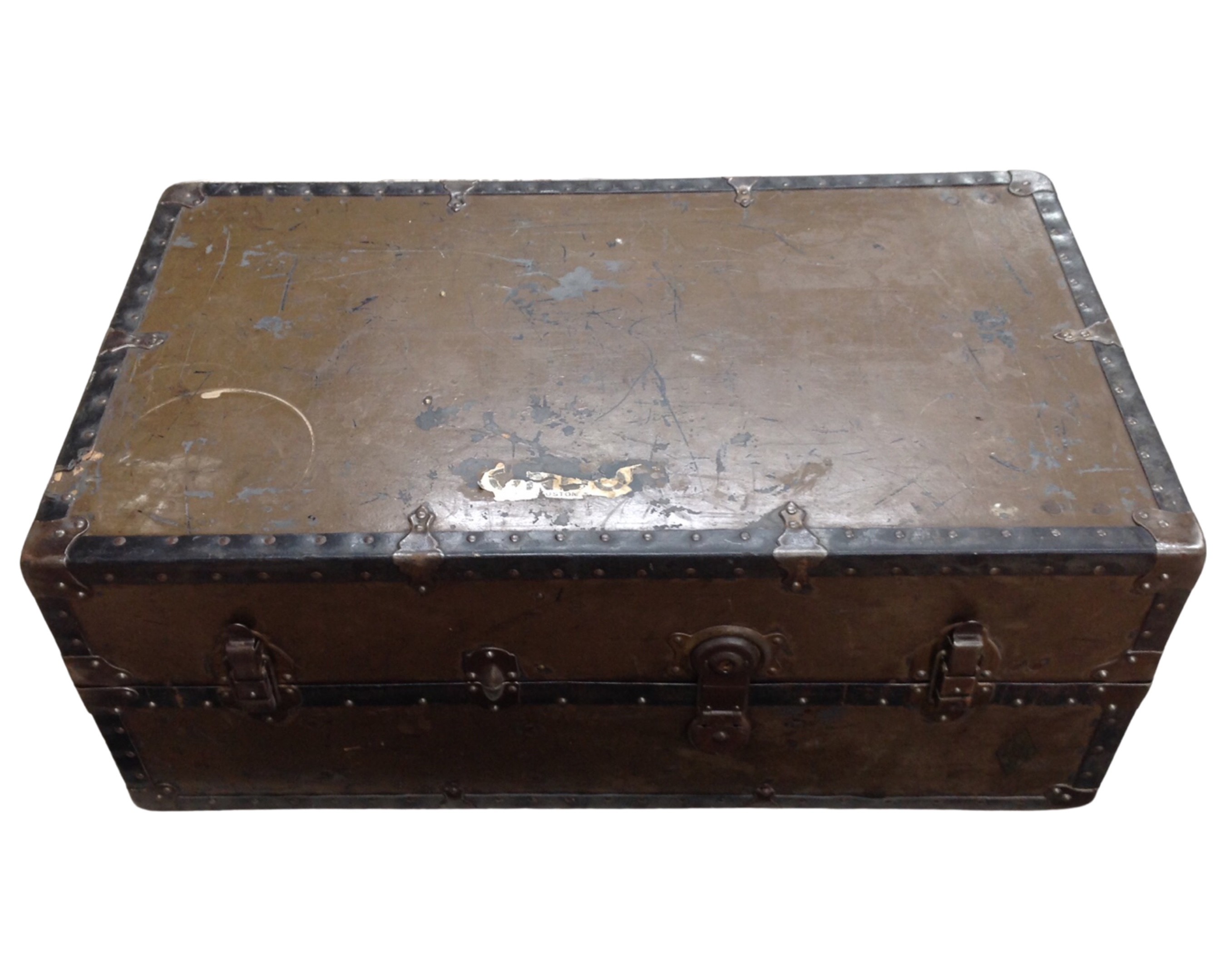 A metal storage trunk.