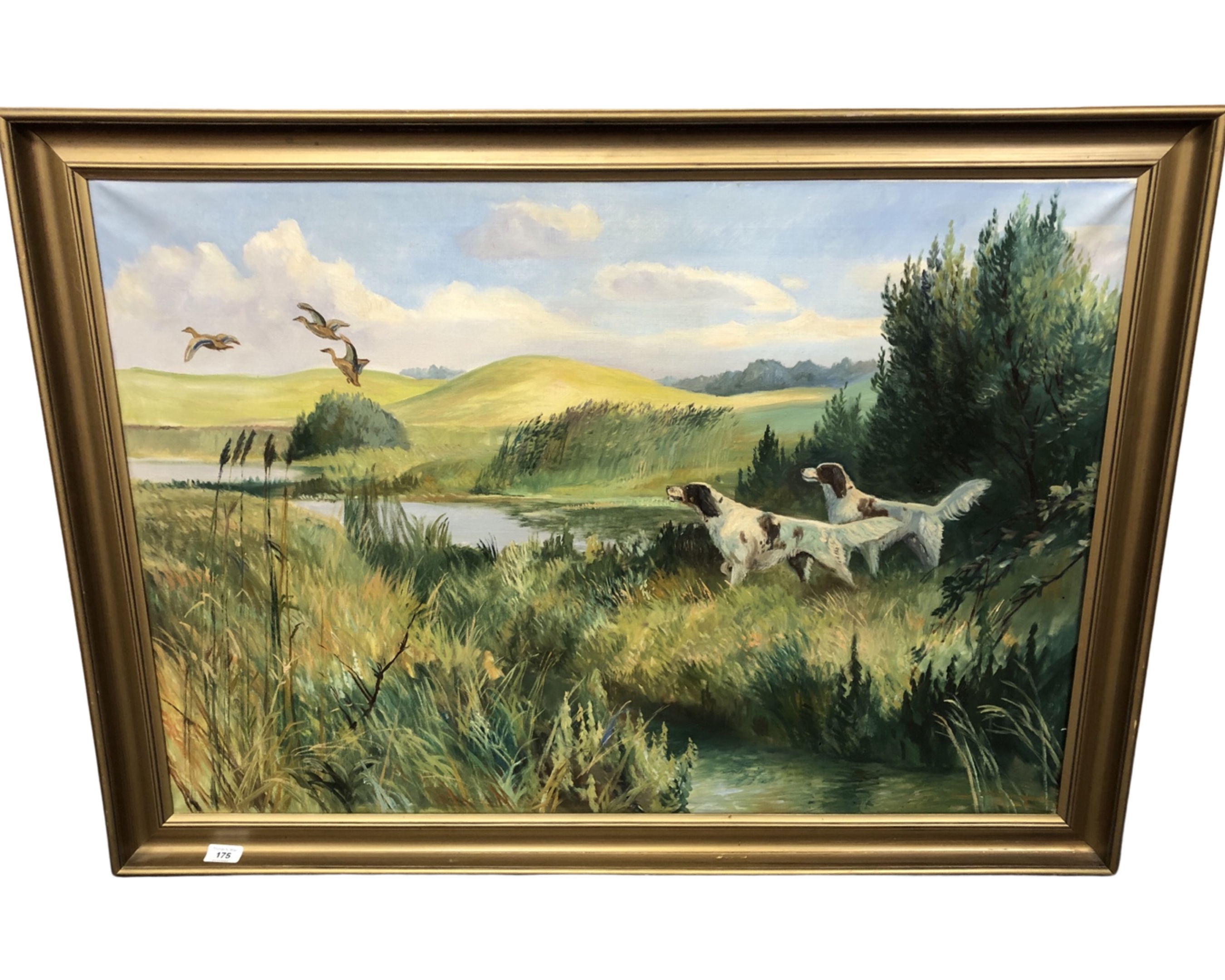 Continental School : Ducks in flight, oil on canvas, 96cm by 66cm.