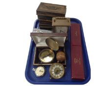 A tray containing an old carriage clock, a compass, a Smith's chrome pocketwatch etc.