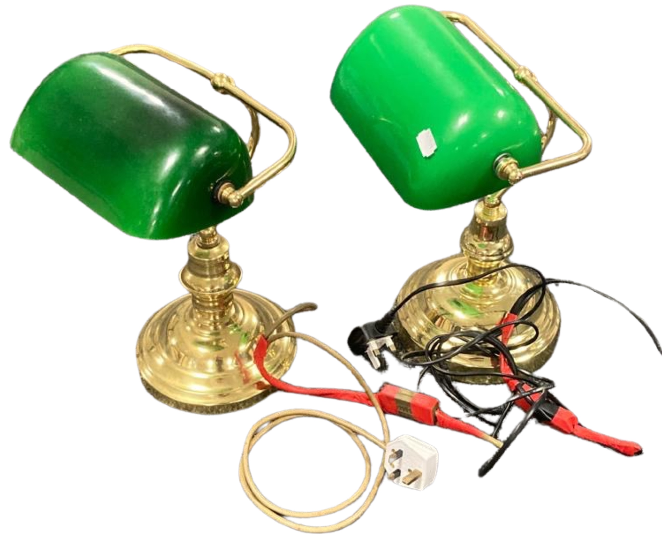 Two brass and glass banker's lamps.