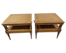 A pair of reproduction mahogany two tier lamp tables. (width 68.