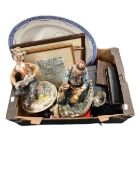 A box of cased cutlery, a pair of Capodimonte figures, prints, a meat plate.