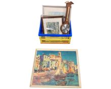 A quantity of pictures and prints, a wooden barometer and a metal case.