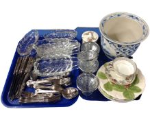 Two trays containing glass dishes, silver plated cutlery, blue and white bowl, Wedgwood dish,