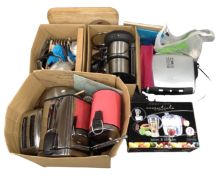 Three boxes containing kitchenwares including toaster, Russell Hobbs coffee maker,