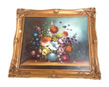 A contemporary oil on canvas still life of flowers in a vase, signed Mayer,