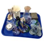 A collection of coloured studio glass items, Crown Ducal vase, glass clock, trinket box, ornaments,