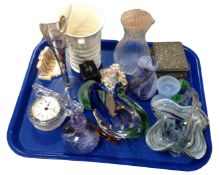 A collection of coloured studio glass items, Crown Ducal vase, glass clock, trinket box, ornaments,