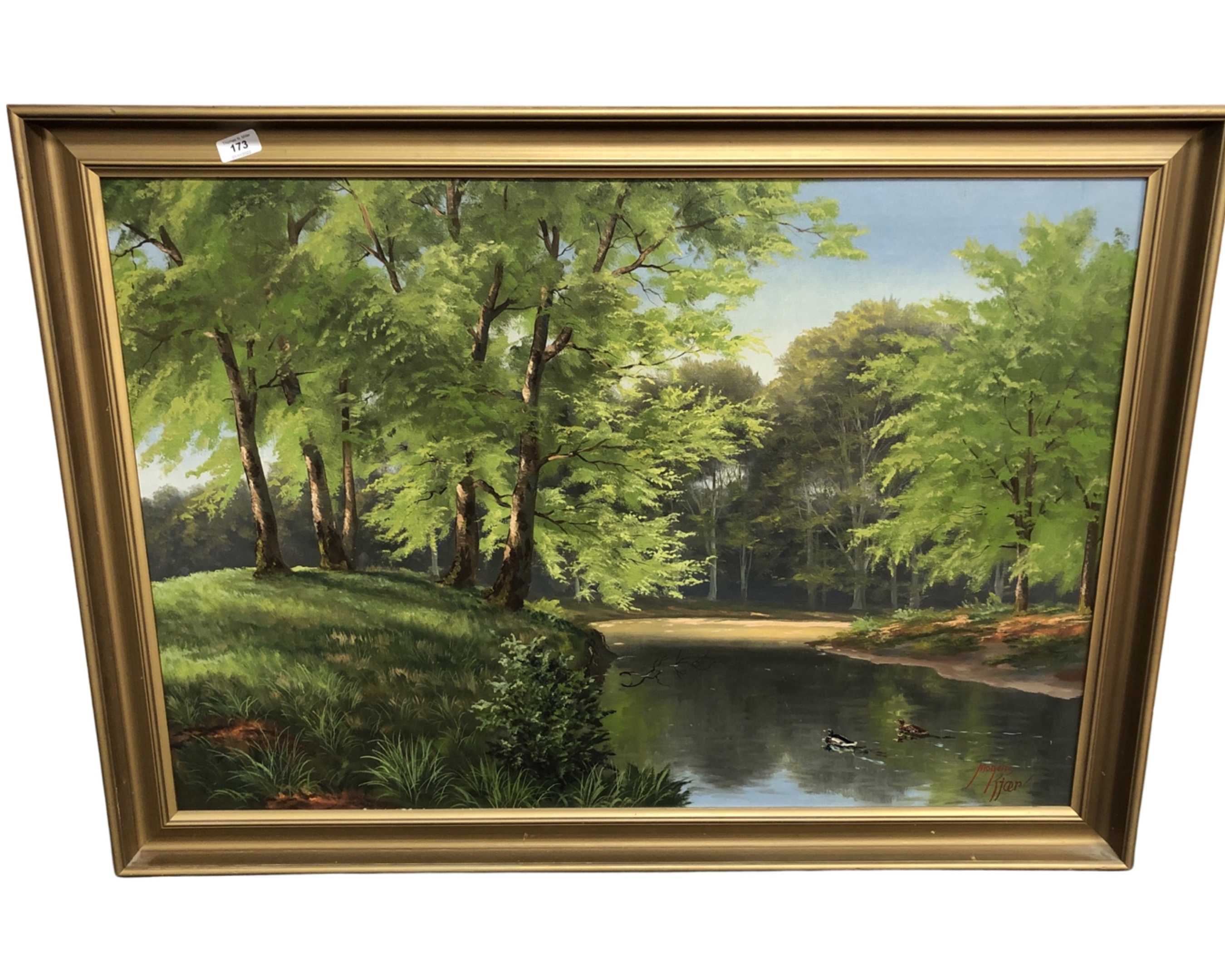 Continental School : River by trees, oil on canvas, in frame, 96cm by 66cm.