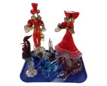 A collection of Murano and other glass figures including a dog, a horse and a rabbit etc.