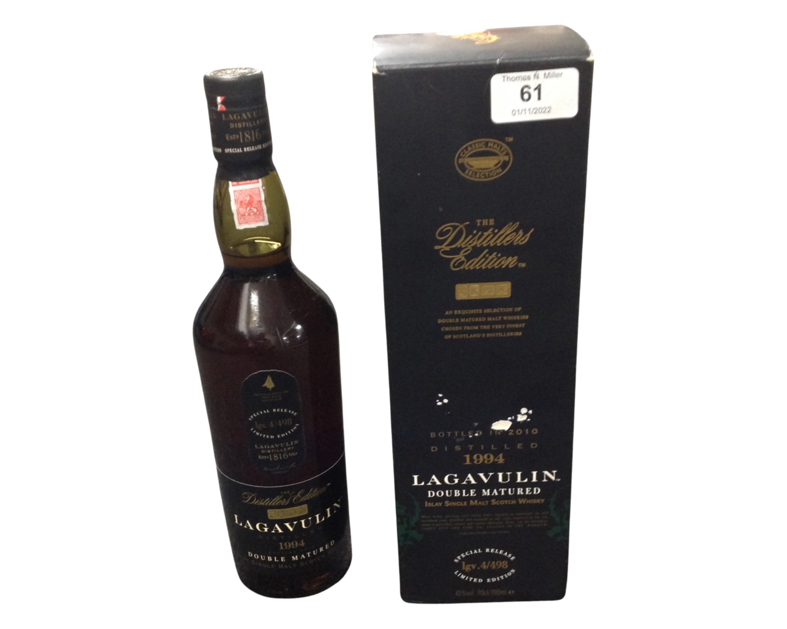 A bottle of Lagavulin Double Matured Islay Single Malt Scotch Whisky, The Distiller's Edition,