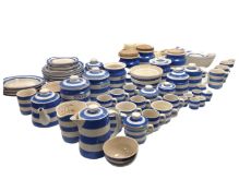 A large collection of TG Green and other Cornishware blue and white pottery including storage jars,