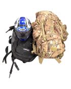 A Shoei motorcycle helmet together with two rucksacks.